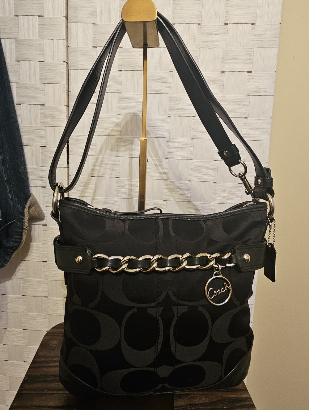Coach Signature Chain Duffle Bag – Style F19730 Black Canvas With Leather